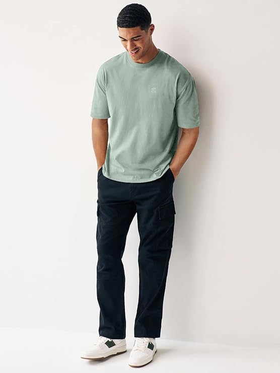 Urbelo Men's Solid Round Neck Oversized Half-Sleeve Cotton Casual T-Shirt