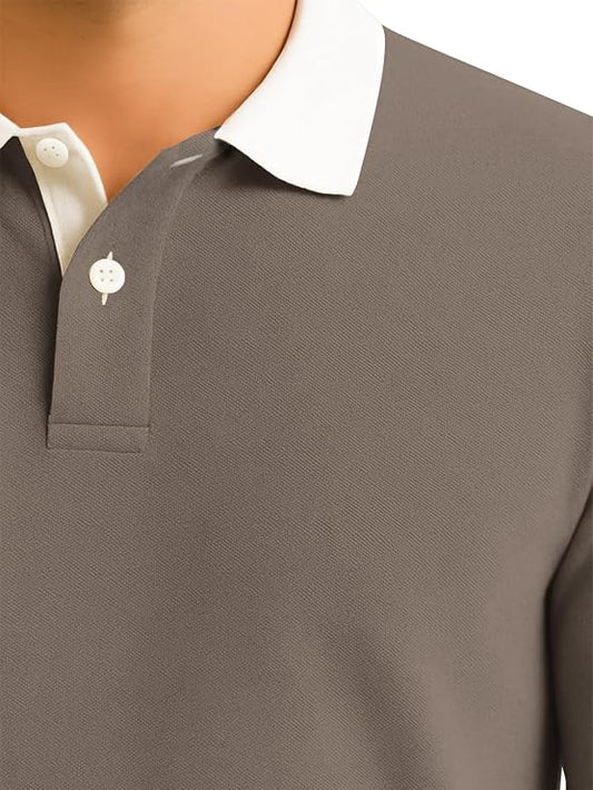 Brevon Solid Polo Neck Full Sleeve Cotton Blend T-Shirt for Men | Stylish Ribbed Wear