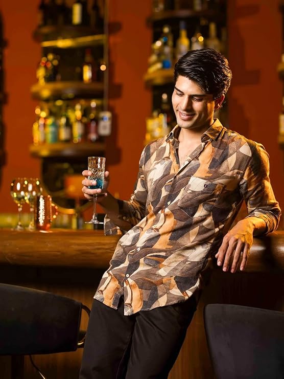 Orvex Men's Brown Abstract Printed Casual Shirt | Stylish Casual Wear for Men