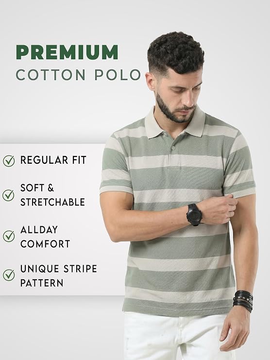 Fexaro Men's Half Sleeve Cotton Striped Polo T-Shirt for Men, Casual Daily Regular Wear