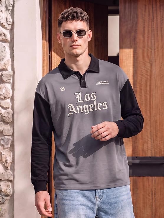 Vezaro Men's Oversized Loopknit Cotton Zipper Polo Neck T-Shirt | Baggy Fit Full Sleeve