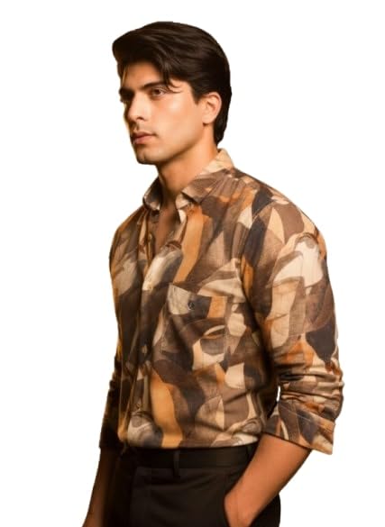 Orvex Men's Brown Abstract Printed Casual Shirt | Stylish Casual Wear for Men