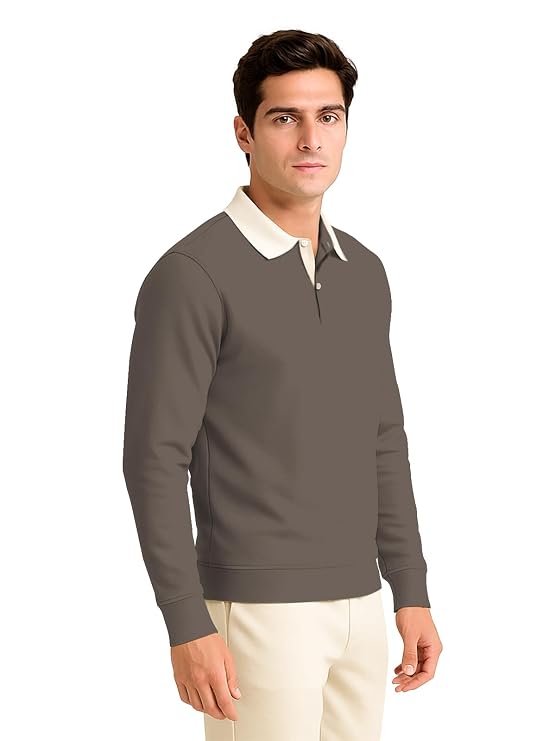 Brevon Solid Polo Neck Full Sleeve Cotton Blend T-Shirt for Men | Stylish Ribbed Wear