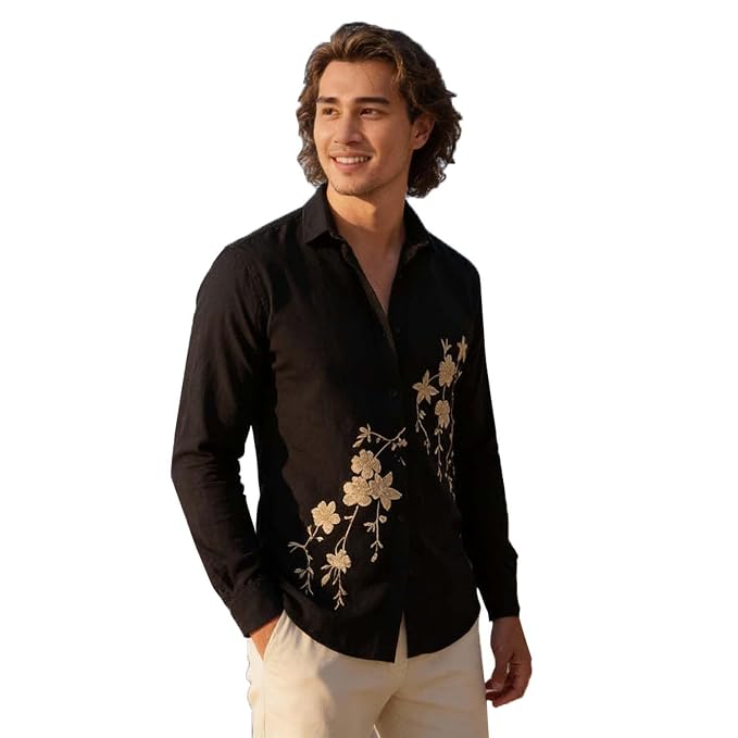 Veymio Men Shirt | Premium Embroidered Long Sleeve Slim Fit Casual Shirt
