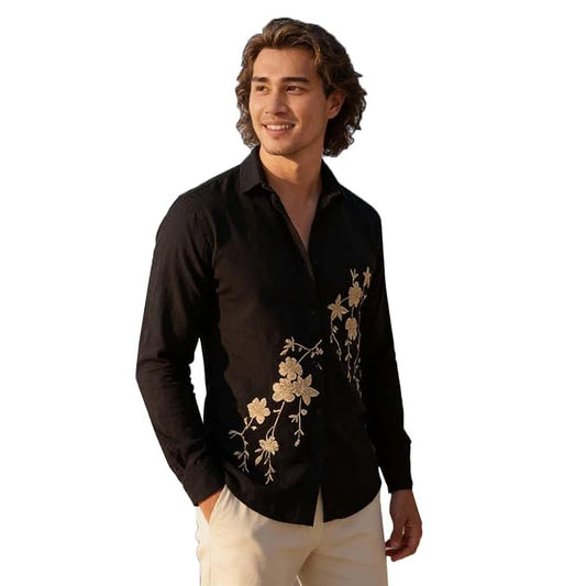 Veymio Men Shirt | Premium Embroidered Long Sleeve Slim Fit Casual Shirt