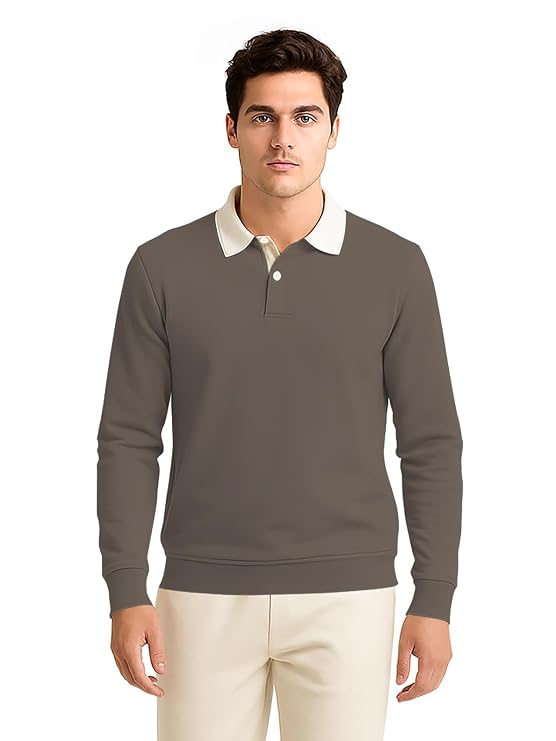 Brevon Solid Polo Neck Full Sleeve Cotton Blend T-Shirt for Men | Stylish Ribbed Wear