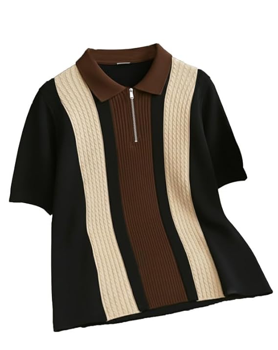 Averko Men's Retro Cable-Knit Quarter-Zip Polo | Premium Textured Half-Sleeve Tee