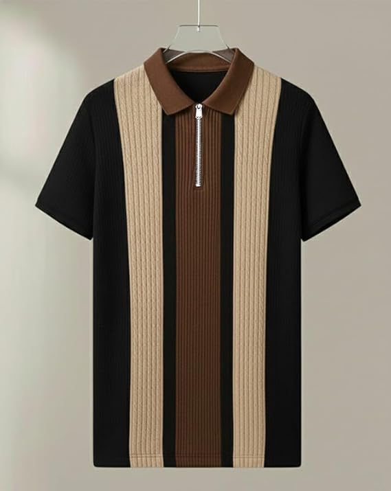 Averko Men's Retro Cable-Knit Quarter-Zip Polo | Premium Textured Half-Sleeve Tee
