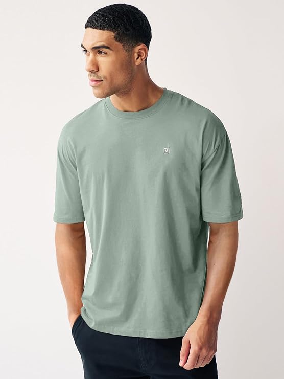 Urbelo Men's Solid Round Neck Oversized Half-Sleeve Cotton Casual T-Shirt