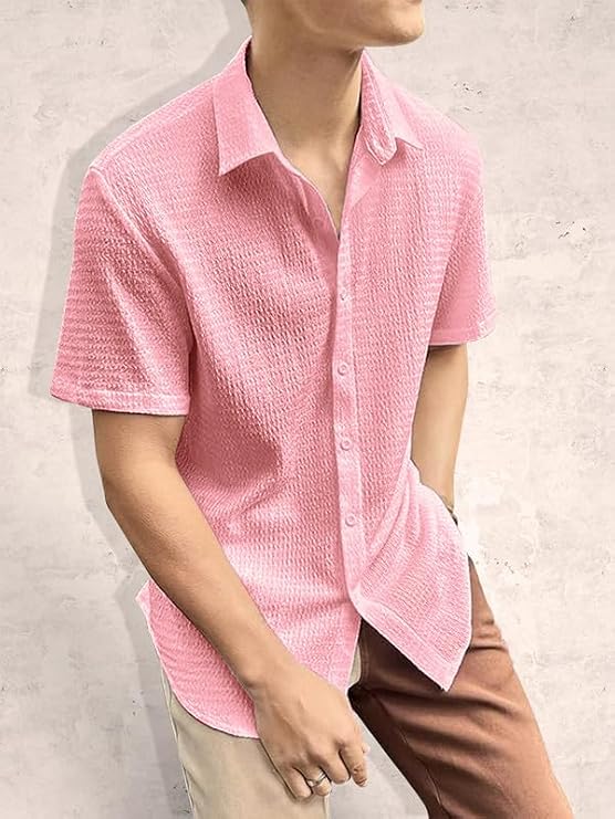 Pinkora Popcorn Shirt for Men, Solid Slim Fit, Spread Collar, Summer Goa Wear Olive