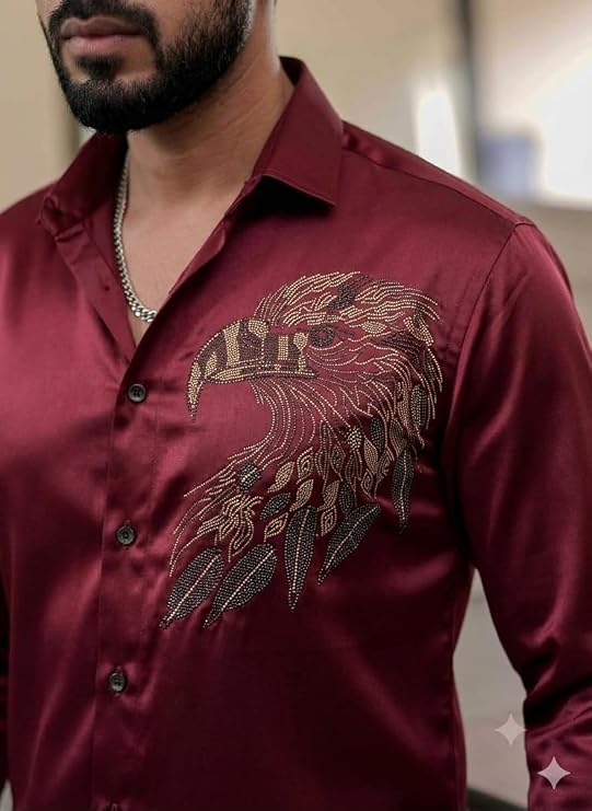 Elaro Men's Premium Satin Shirt, Luxury Designer Casual Long Sleeve, Eagle Pattern