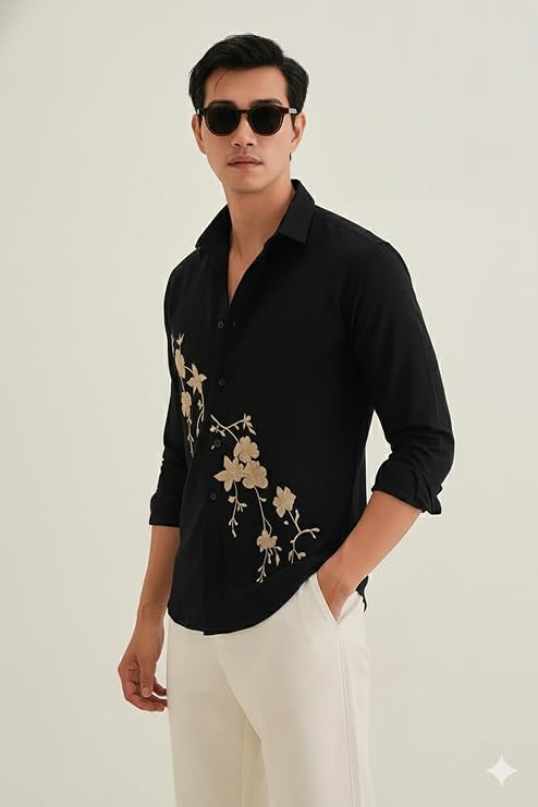 Veymio Men Shirt | Premium Embroidered Long Sleeve Slim Fit Casual Shirt