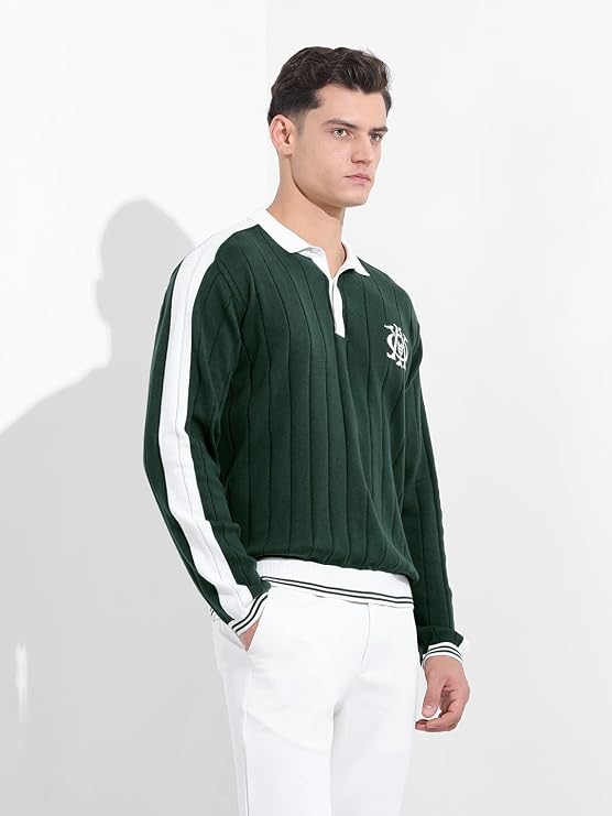 Tavren Men's Flat-Knit Oversized Textured Polo Neck Full Sleeve T-Shirt