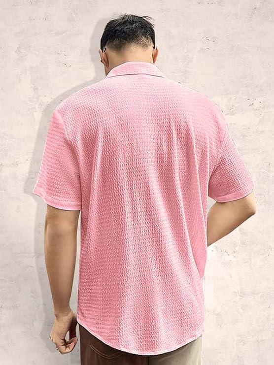 Pinkora Popcorn Shirt for Men, Solid Slim Fit, Spread Collar, Summer Goa Wear Olive