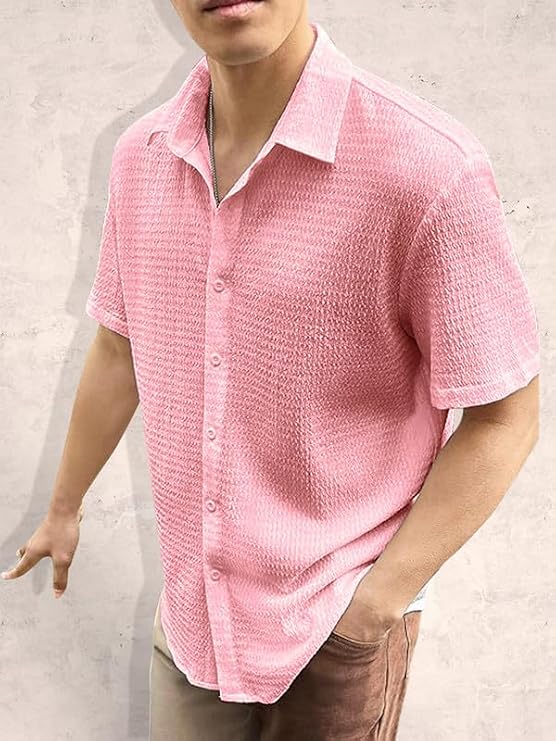 Pinkora Popcorn Shirt for Men, Solid Slim Fit, Spread Collar, Summer Goa Wear Olive