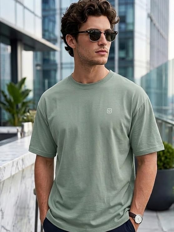 Urbelo Men's Solid Round Neck Oversized Half-Sleeve Cotton Casual T-Shirt