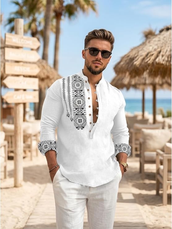 Dervano Men's Cotton Blend Mandarin Collar Self-Design Full Sleeve Casual Short Kurta