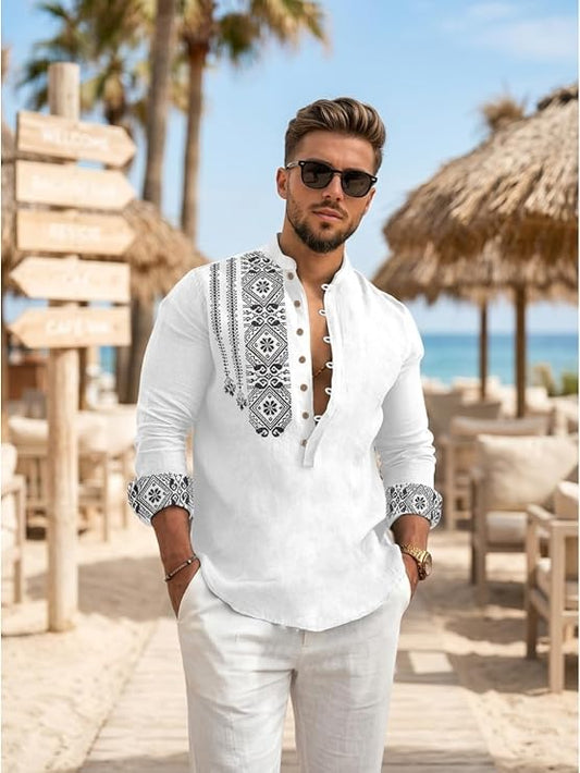 Dervano Men's Cotton Blend Mandarin Collar Self-Design Full Sleeve Casual Short Kurta
