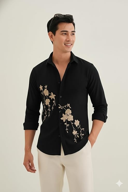 Veymio Men Shirt | Premium Embroidered Long Sleeve Slim Fit Casual Shirt