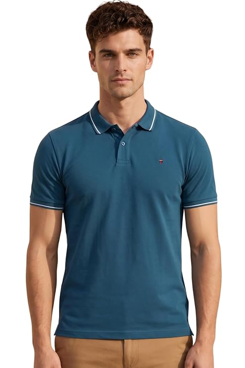 Luvano Men's Slim Fit Cotton Pique Polo T-Shirt with Stylized Sleeves & Contrast Tipping