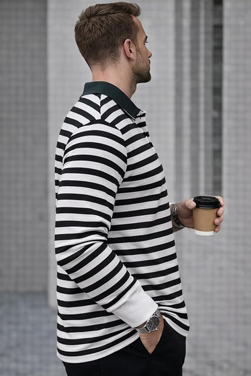Marvex Men’s Premium Black Striped Polo T-Shirt | Long Sleeve Cotton Blend Casual Wear