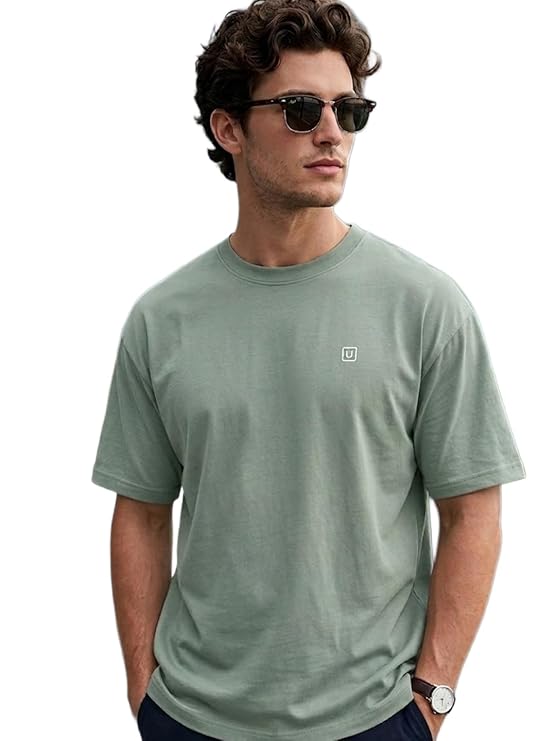 Urbelo Men's Solid Round Neck Oversized Half-Sleeve Cotton Casual T-Shirt
