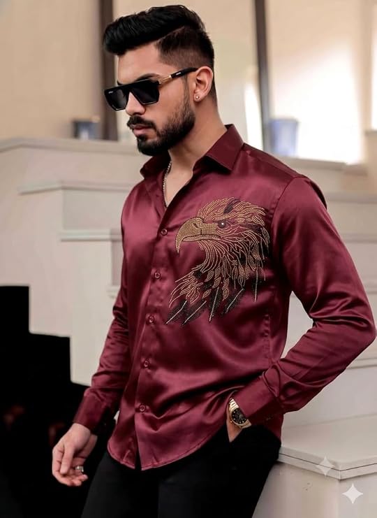 Elaro Men's Premium Satin Shirt, Luxury Designer Casual Long Sleeve, Eagle Pattern
