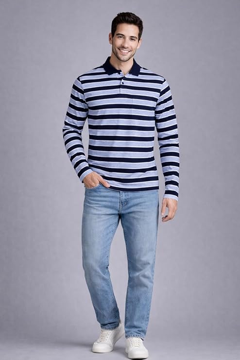 Savren Originals Men's Full-Sleeve Polo T-Shirt with Pocket, Stripe Collar & Cuffs