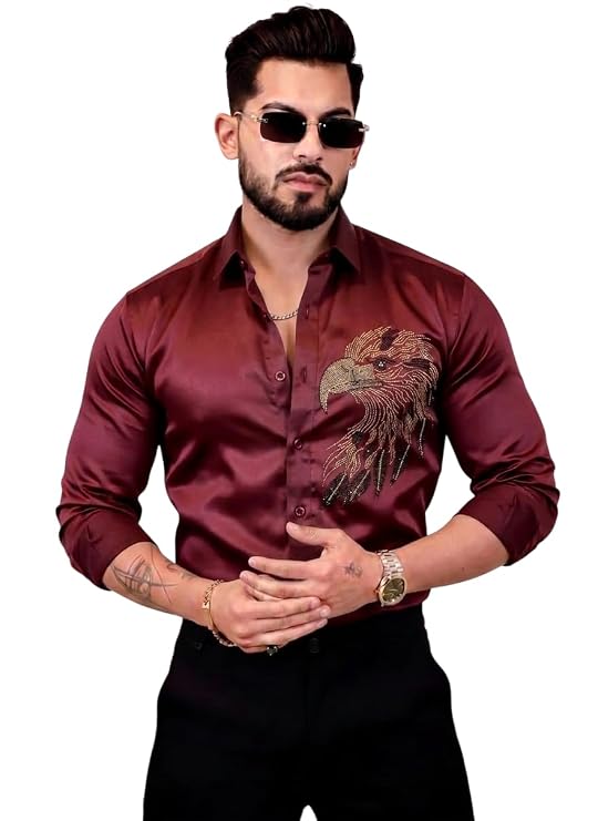 Elaro Men's Premium Satin Shirt, Luxury Designer Casual Long Sleeve, Eagle Pattern