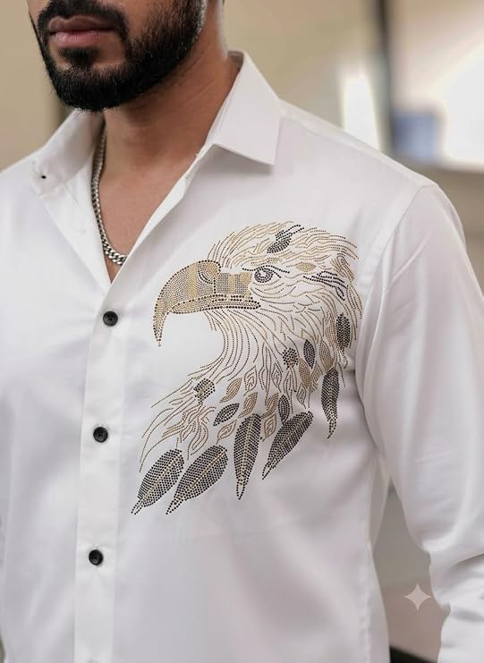 Mesawro Men's Satin Shirt with Eagle Rhinestone Design, Slim Fit Full Sleeve Shirt