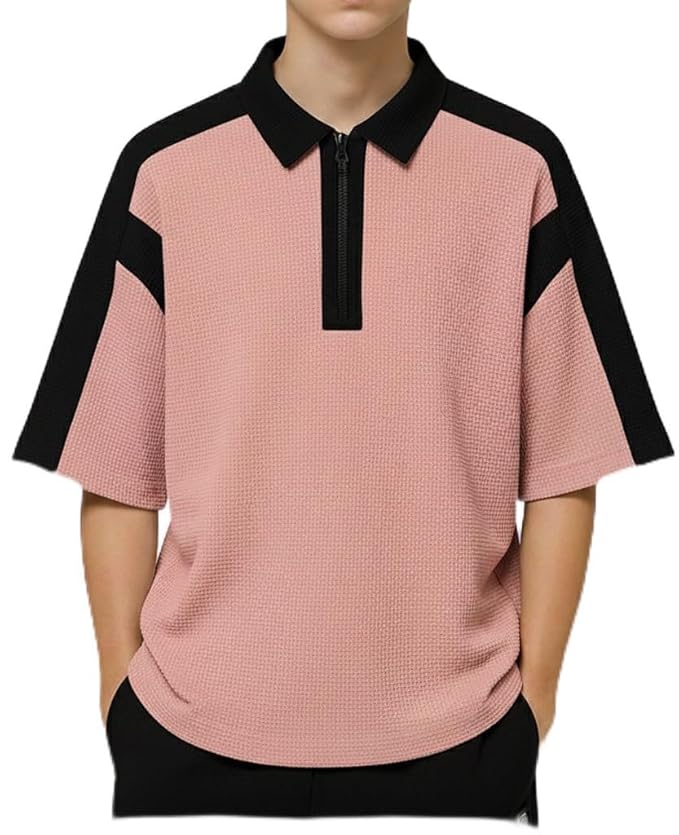 Tostrix Men's Short Sleeve Polo Shirt, Soft Cotton Blend Zip Neck for Casual & Office Wear
