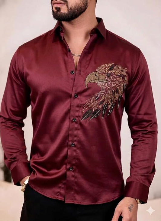 Elaro Men's Premium Satin Shirt, Luxury Designer Casual Long Sleeve, Eagle Pattern