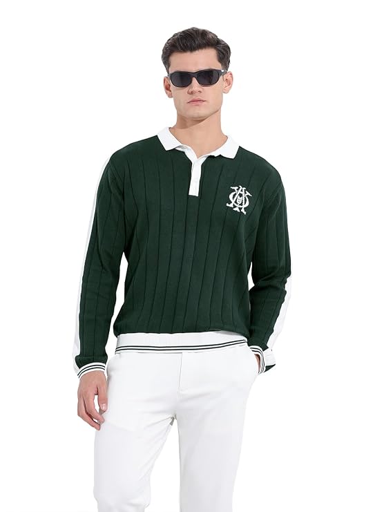 Tavren Men's Flat-Knit Oversized Textured Polo Neck Full Sleeve T-Shirt