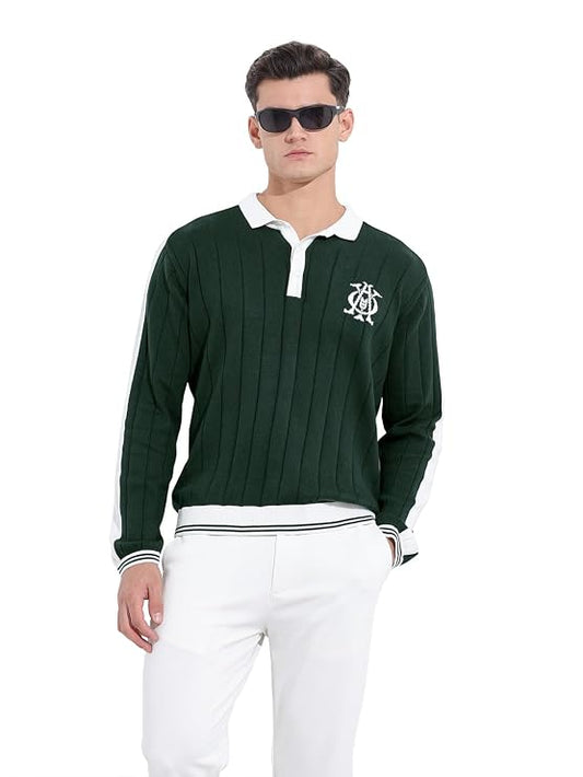 Tavren Men's Flat-Knit Oversized Textured Polo Neck Full Sleeve T-Shirt