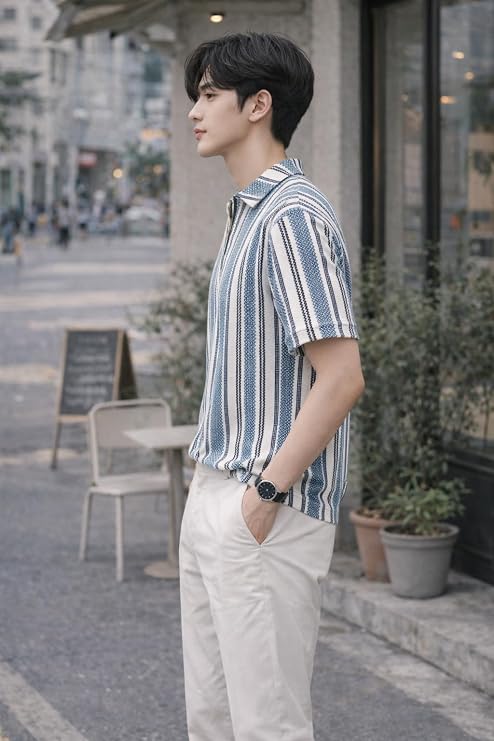 Lunaro Hills Men’s Loose Fit Striped Polo T-Shirt | Half Sleeve Zip Collar Polyester Tee