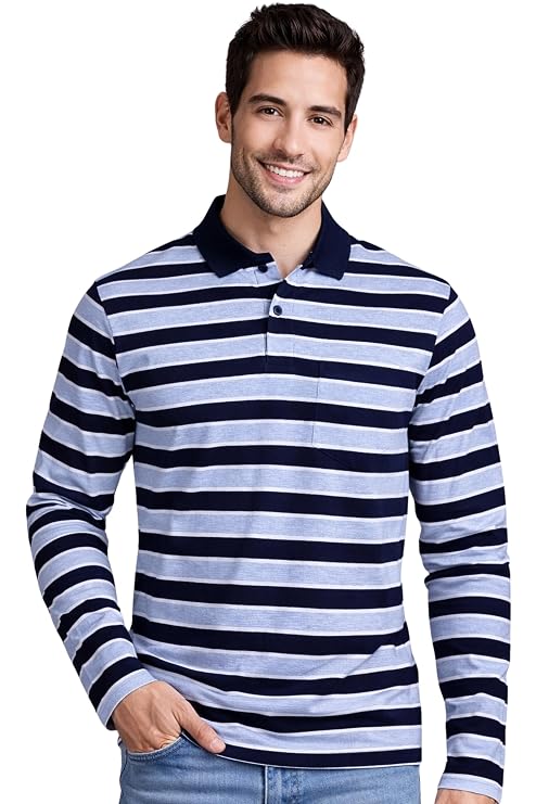 Savren Originals Men's Full-Sleeve Polo T-Shirt with Pocket, Stripe Collar & Cuffs