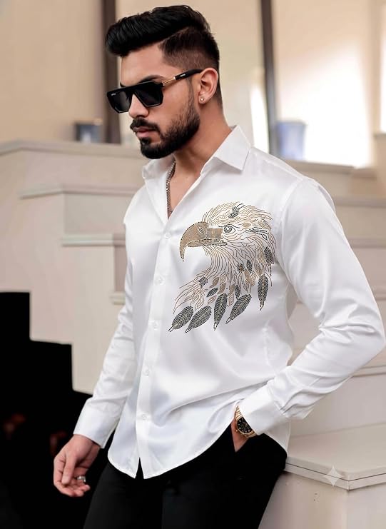 Mesawro Men's Satin Shirt with Eagle Rhinestone Design, Slim Fit Full Sleeve Shirt