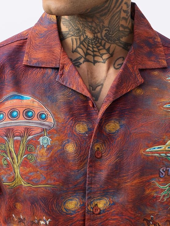 Sapera Originals Starry Night Men & Boys Red Graphic Cuban Collar Oversized Cotton Shirt