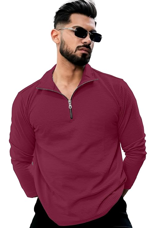 Kavero Men's Quarter Zip Pullover T-Shirt, Textured Ribbed Long Sleeve Mock Neck
