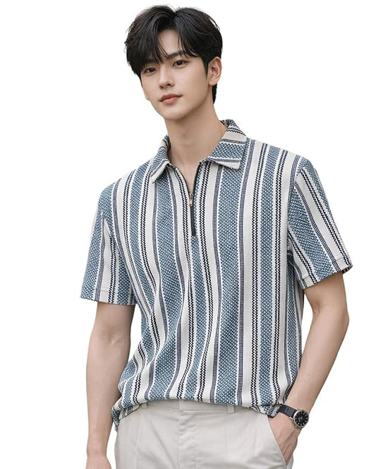 Lunaro Hills Men’s Loose Fit Striped Polo T-Shirt | Half Sleeve Zip Collar Polyester Tee