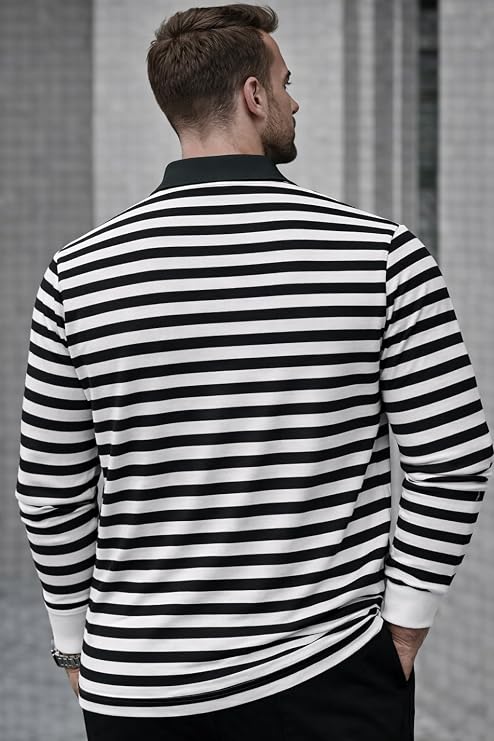 Marvex Men’s Premium Black Striped Polo T-Shirt | Long Sleeve Cotton Blend Casual Wear