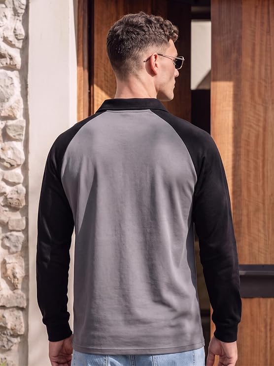Vezaro Men's Oversized Loopknit Cotton Zipper Polo Neck T-Shirt | Baggy Fit Full Sleeve