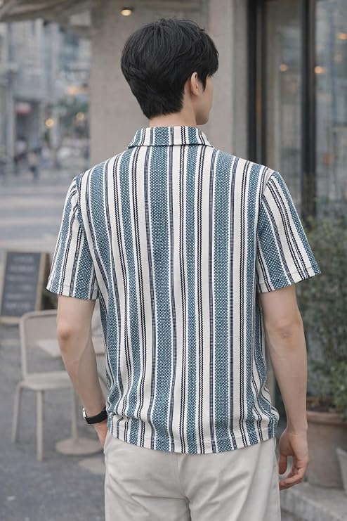 Lunaro Hills Men’s Loose Fit Striped Polo T-Shirt | Half Sleeve Zip Collar Polyester Tee
