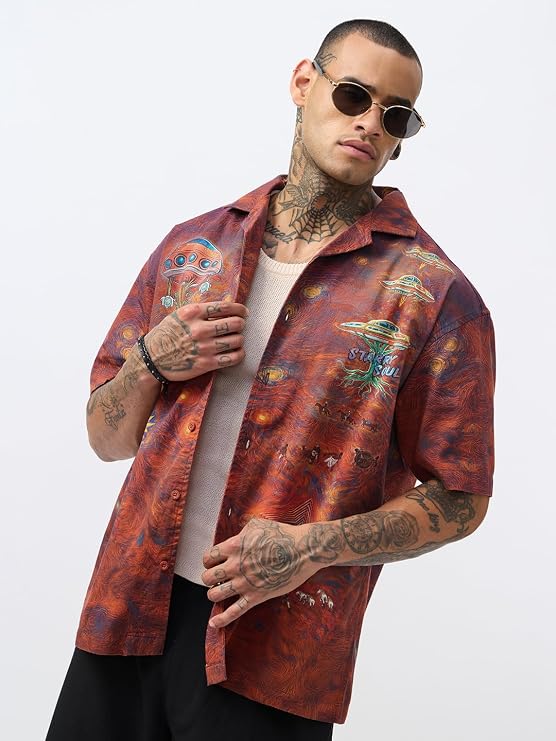 Sapera Originals Starry Night Men & Boys Red Graphic Cuban Collar Oversized Cotton Shirt