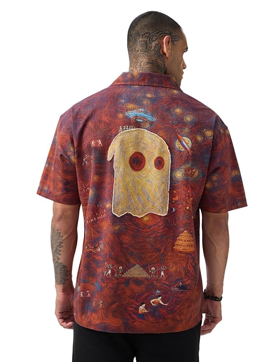 Sapera Originals Starry Night Men & Boys Red Graphic Cuban Collar Oversized Cotton Shirt