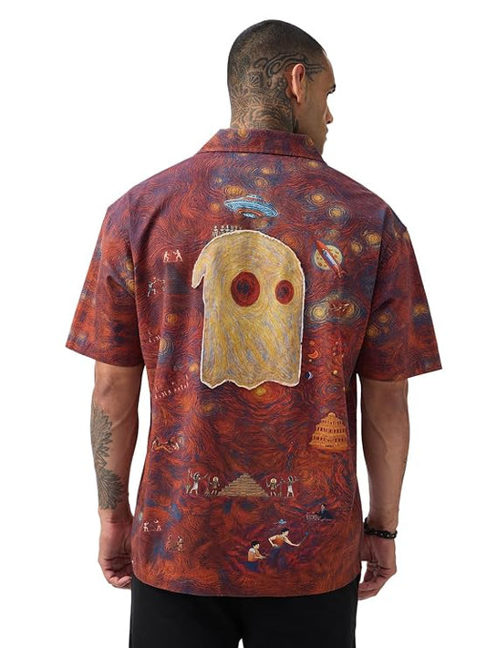 Sapera Originals Starry Night Men & Boys Red Graphic Cuban Collar Oversized Cotton Shirt