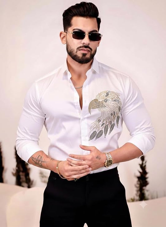 Mesawro Men's Satin Shirt with Eagle Rhinestone Design, Slim Fit Full Sleeve Shirt