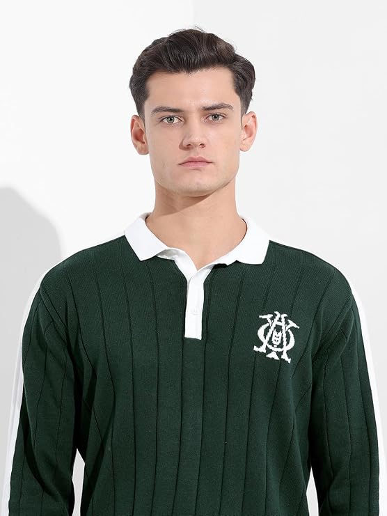 Tavren Men's Flat-Knit Oversized Textured Polo Neck Full Sleeve T-Shirt