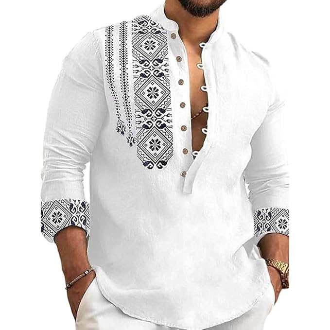Dervano Men's Cotton Blend Mandarin Collar Self-Design Full Sleeve Casual Short Kurta