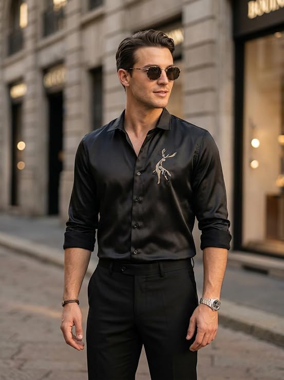 Brevano Men's Stylish Satin Full Sleeve Shirt for Party, Formal & Casual Wear